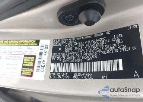 2008 Toyota Sienna Xle z USA, uszkodzony, nr VIN 5TDZK22C38S191586